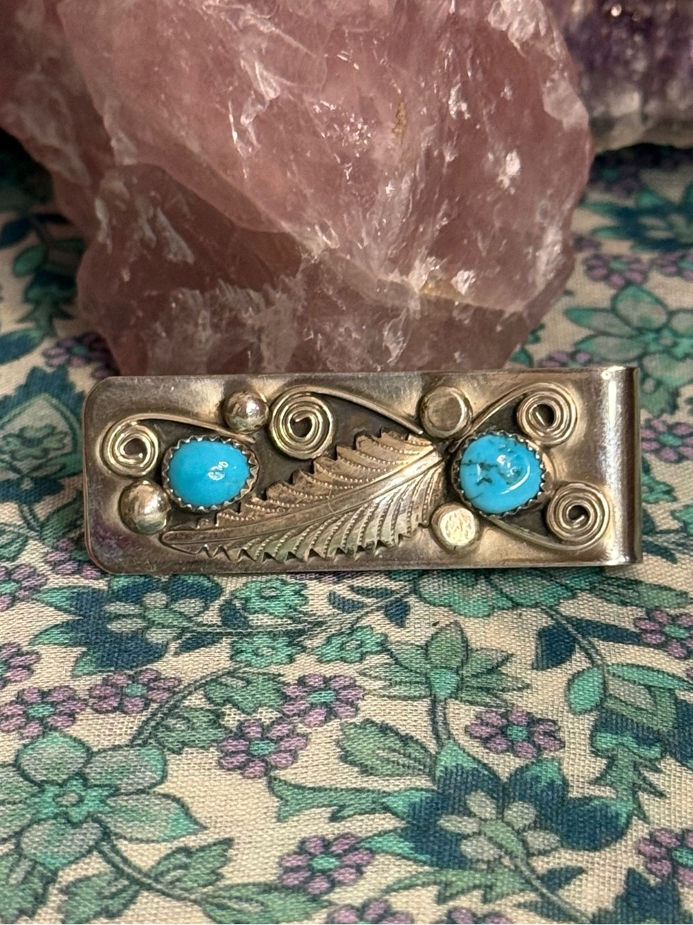 Wilbur Myers Navajo Made KingmanTurquoise Sterling Silver Feather Money Clip